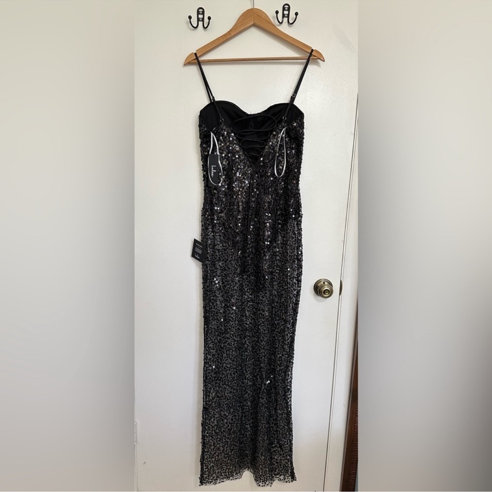 NWT Lulu’s Enticing Mindset Black Sheer Mesh Sequin Lace-Up Maxi Dress - Medium - Picture 11 of 14